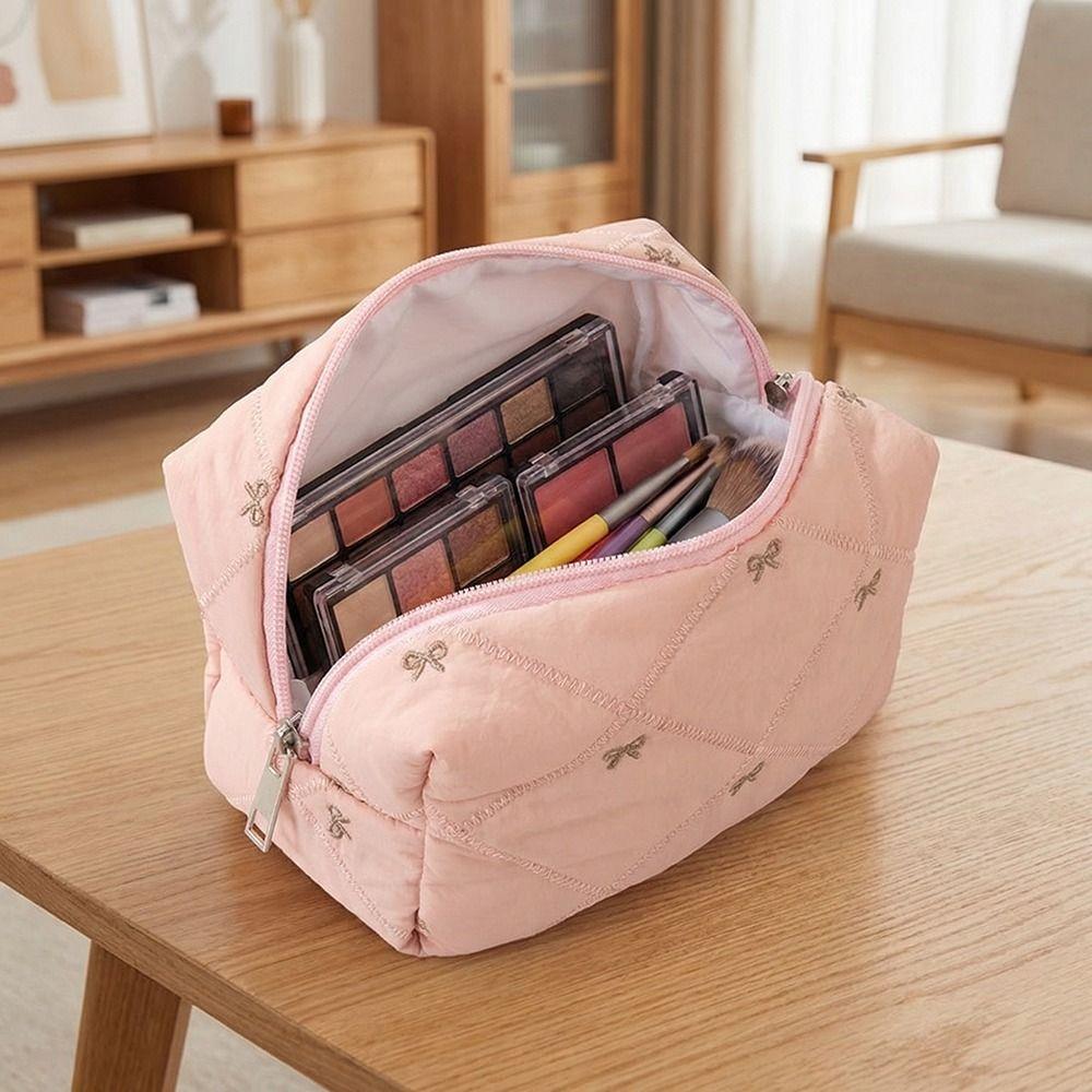 Multifunctional Bow Quilted Makeup Bag Large Capacity Women Wash Pack  Beauty Routine