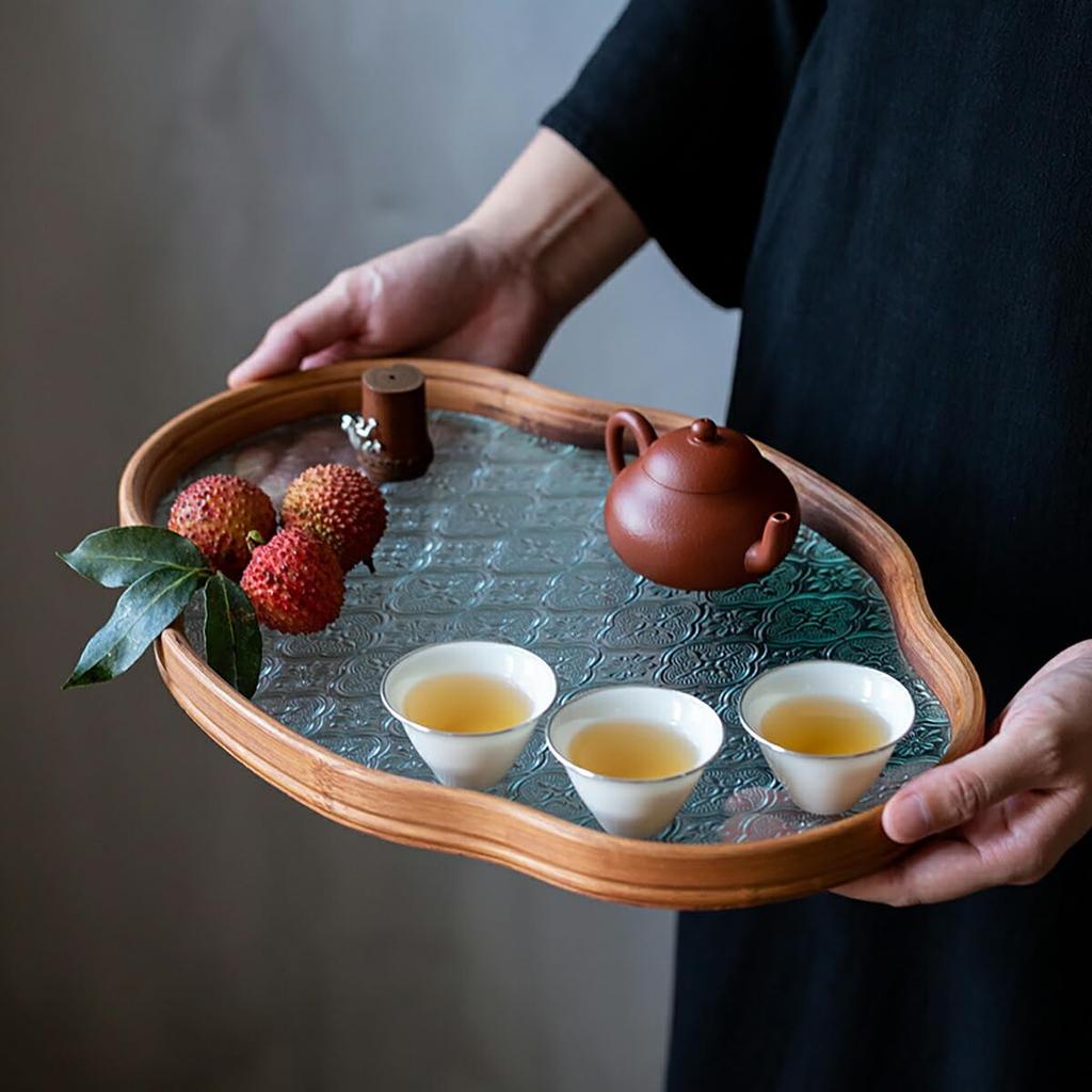 IwaiLoft [Chinoiserie Retro] Floral Glass Tray, Cloud-Shaped, Oval, Floral Design, 29cm35cm, Transparent, Glass Plate, Wooden, Cafe Tray, Tea Tray,