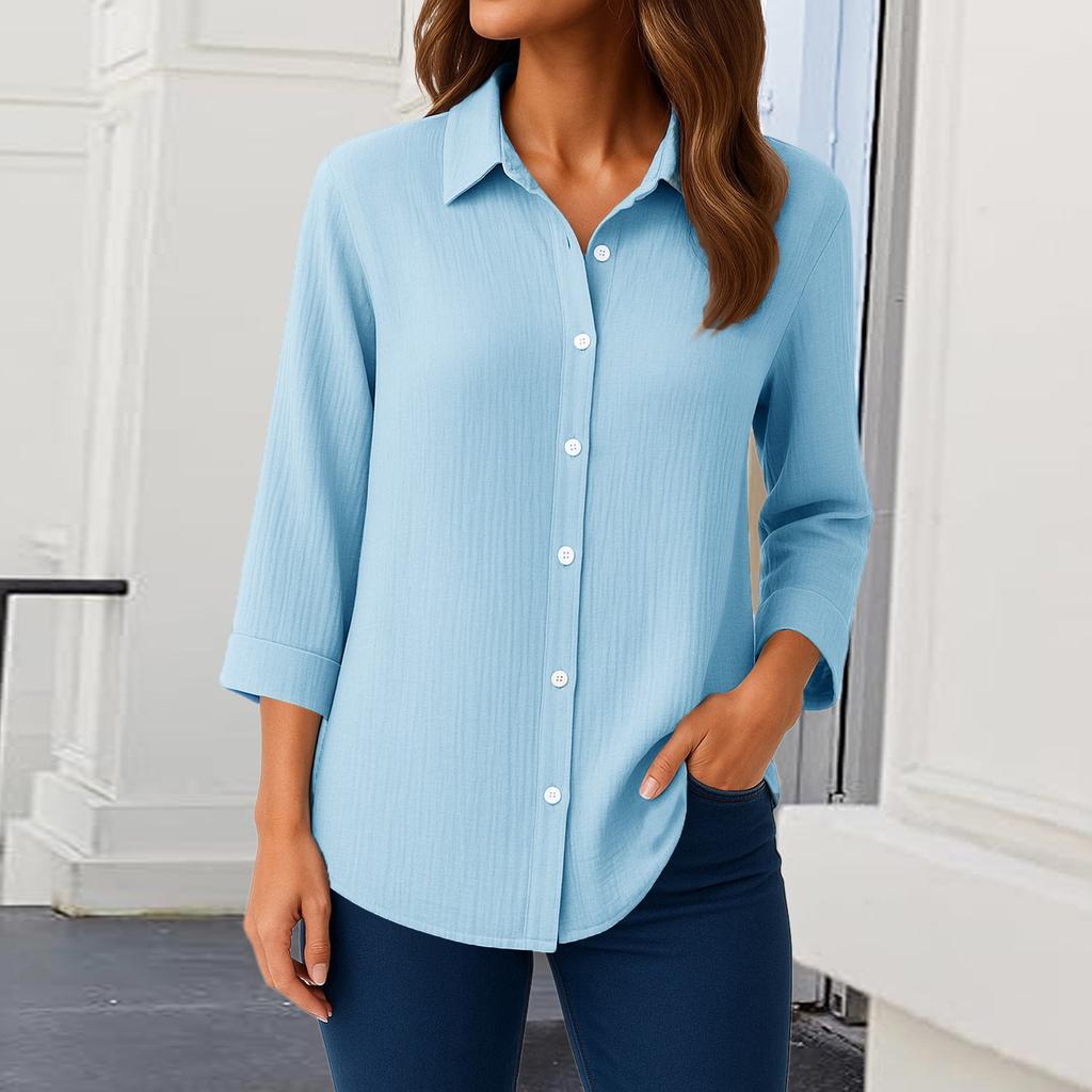 Womens Button Down Shirts 3/4 Sleeve Casual Collared Shirt Loose Blouses Solid Color Tops With Pocket