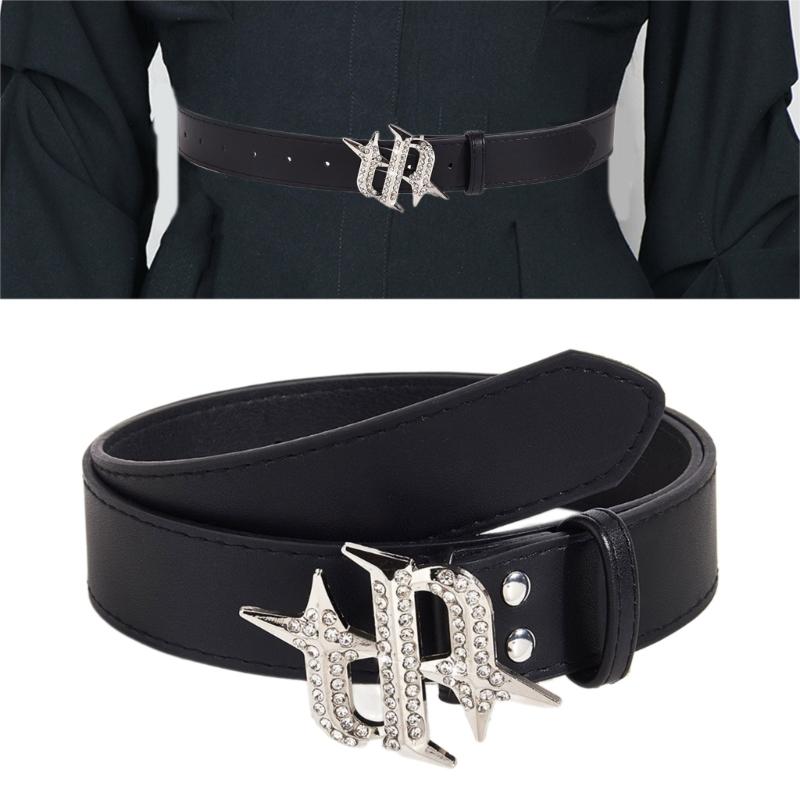 Punk PU Waist Belt for Jean Rock and Roll Hip Hop Studded Belt Waistband Glinting Buckle with Encrusted Rhinestones