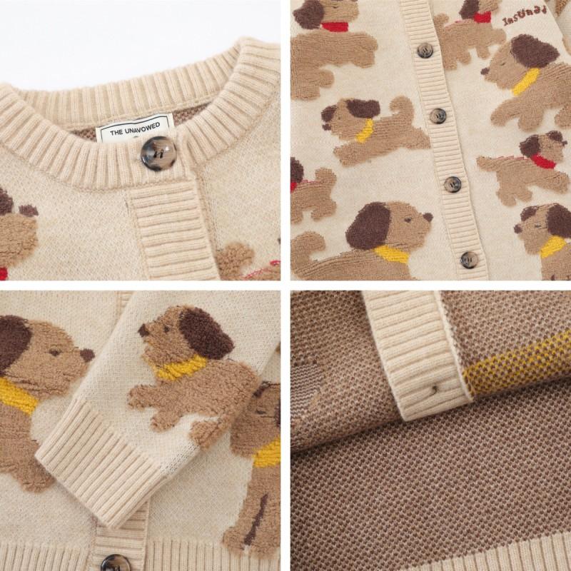 American Vintage Cartoon Dog Fluffy Knit Cardigan Loose Fit Casual Sweater Couples