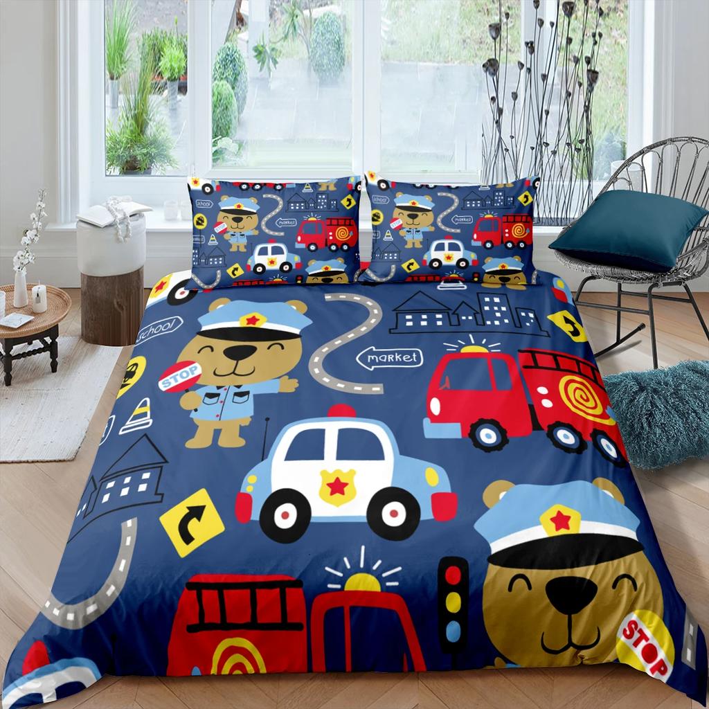 Fire Truck Fireman Duvet Cover King Queen Full Twin Size Cartoon Bedding Set for Boys Teens Polyester Quilt Cover