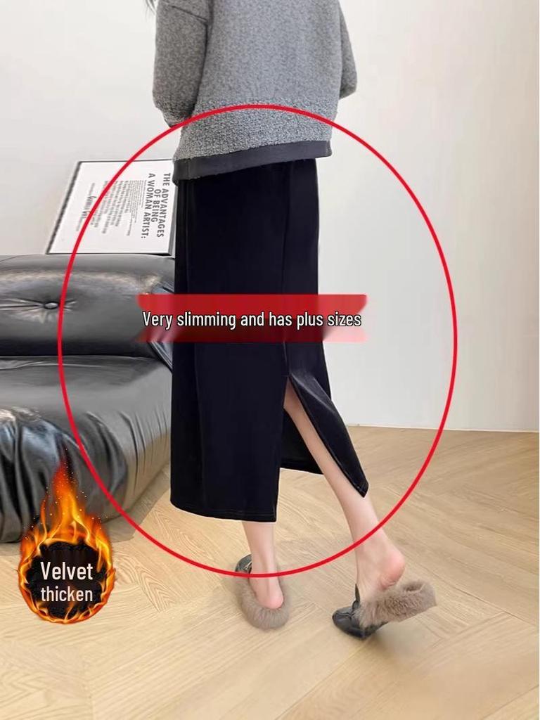 Black Gold Velvet High Waist Slimming Skirt for Women - 2026 Spring/Autumn, Plus Size, Mid-Length