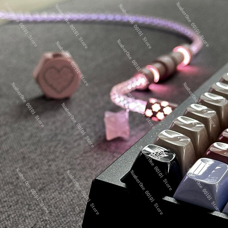 Full-Body Luminous Aviation Plug-In Nebula Frozen Pinkish-White Light Keyboard Cable, High-End Single Crystal Copper Cable