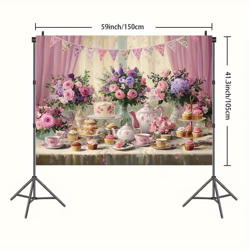 2D Elegant Tea Party Backdrop, Floral & Cupcake Garden Party Decoration