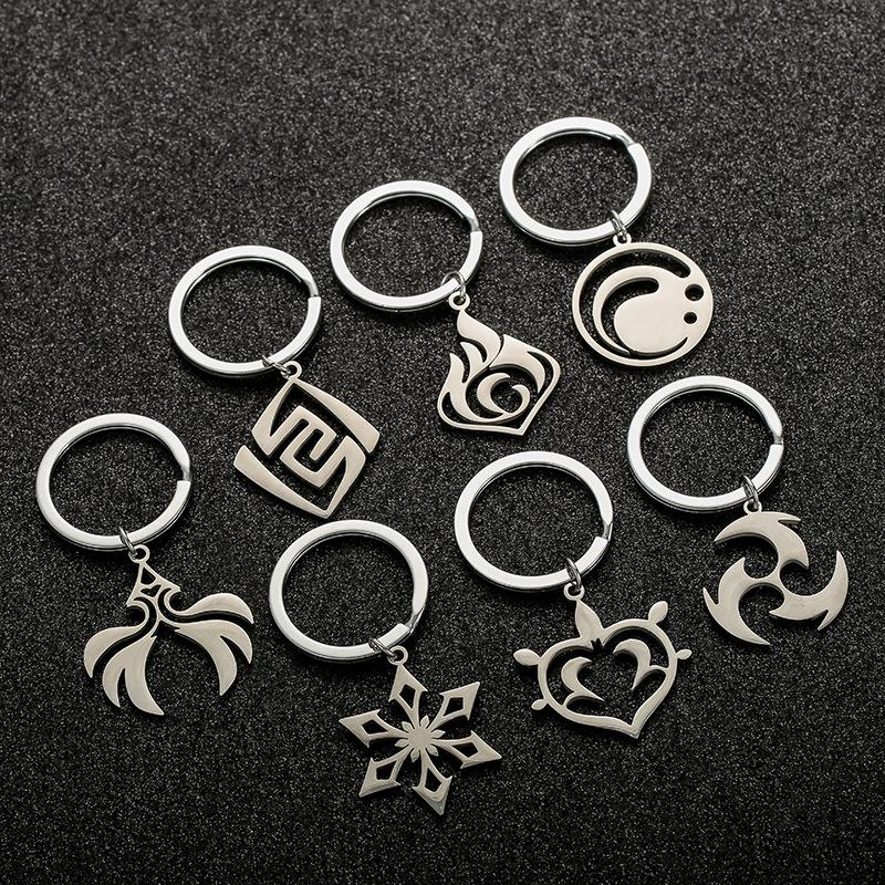Stainless Steel Fire Rock Grass Ice Wind Water Thunder Keychain Schoolbag Backpack Accessories Genshin Impact Pendants Gifts