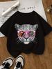 Playful Charm, Colorful Leopard Face Print Girls' T-Shirt Soft Crew Neck Short Sleeve Vibrant Summer Casual Top for Ages 3-14