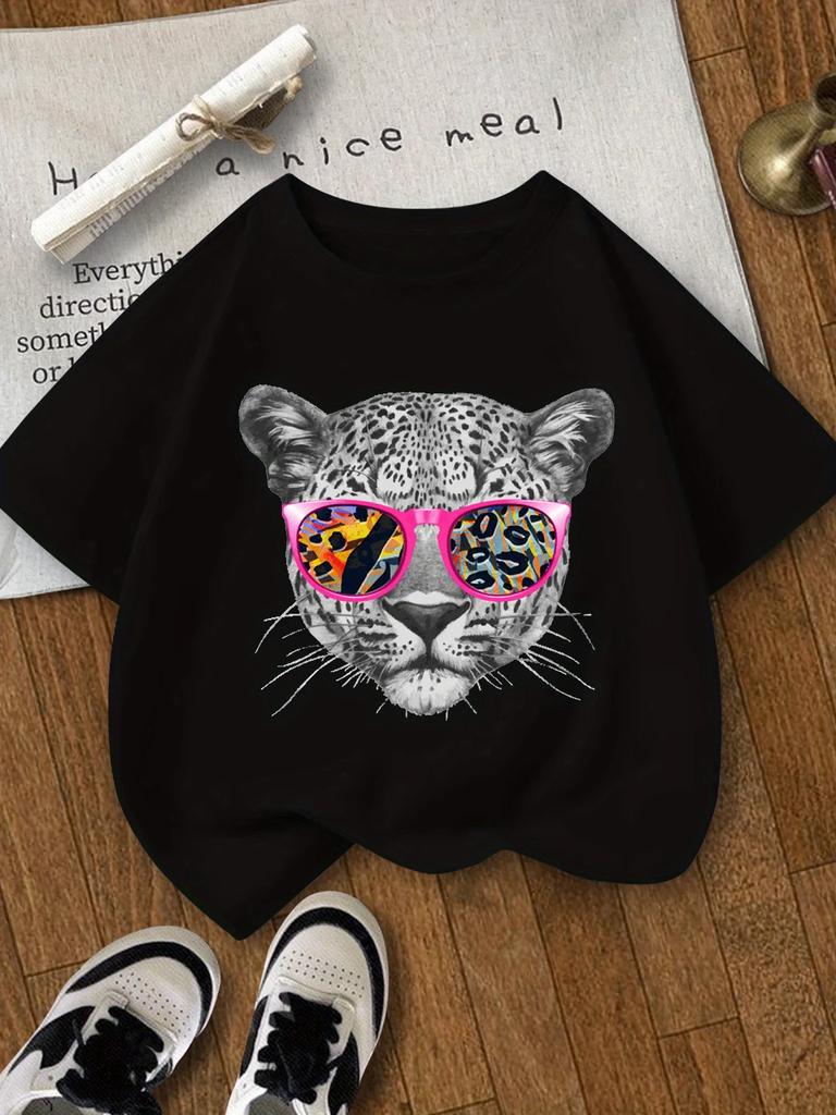 Playful Charm, Colorful Leopard Face Print Girls' T-Shirt Soft Crew Neck Short Sleeve Vibrant Summer Casual Top for Ages 3-14