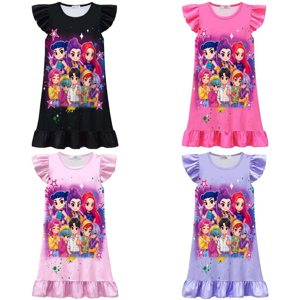 Kpop Demon Hunters Cotton Short Sleeve Sleep Dress For Kids Summer Wear