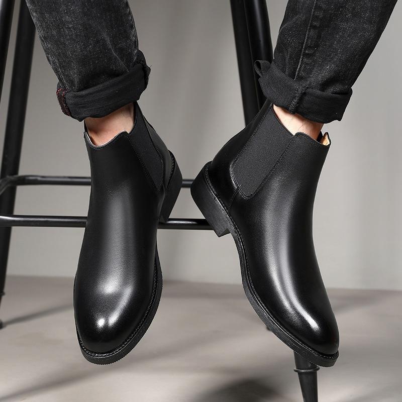 Fashion Men's Chelsea Boots British Style Short Boots Classic Business Leather Boot Plush Warm Winter Boots for Men Casual Leather Botas