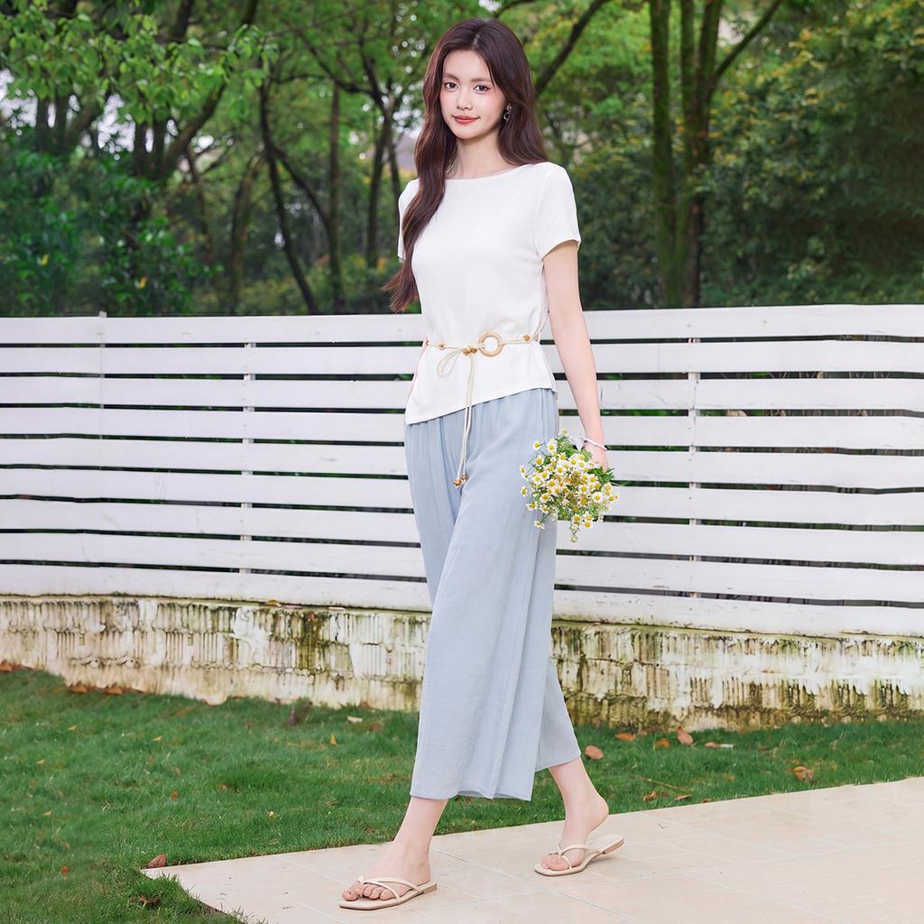 Elegant Commuter Set 2026 Summer New One Collar Split T-shirt Waist Drop Wide Leg Pants Two Piece Set for Women
