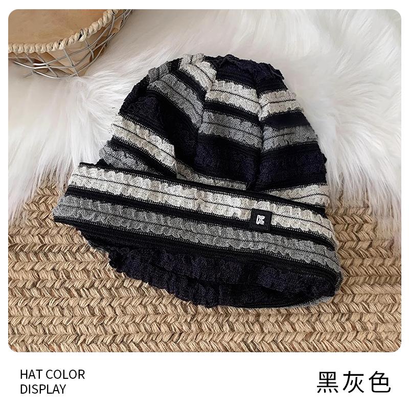 

Lazy wind pleated striped pile hat cold hat women s autumn and winter big head circumference versatile retro hat bag head hat tide adult (54-60cm) чорний колір сірий