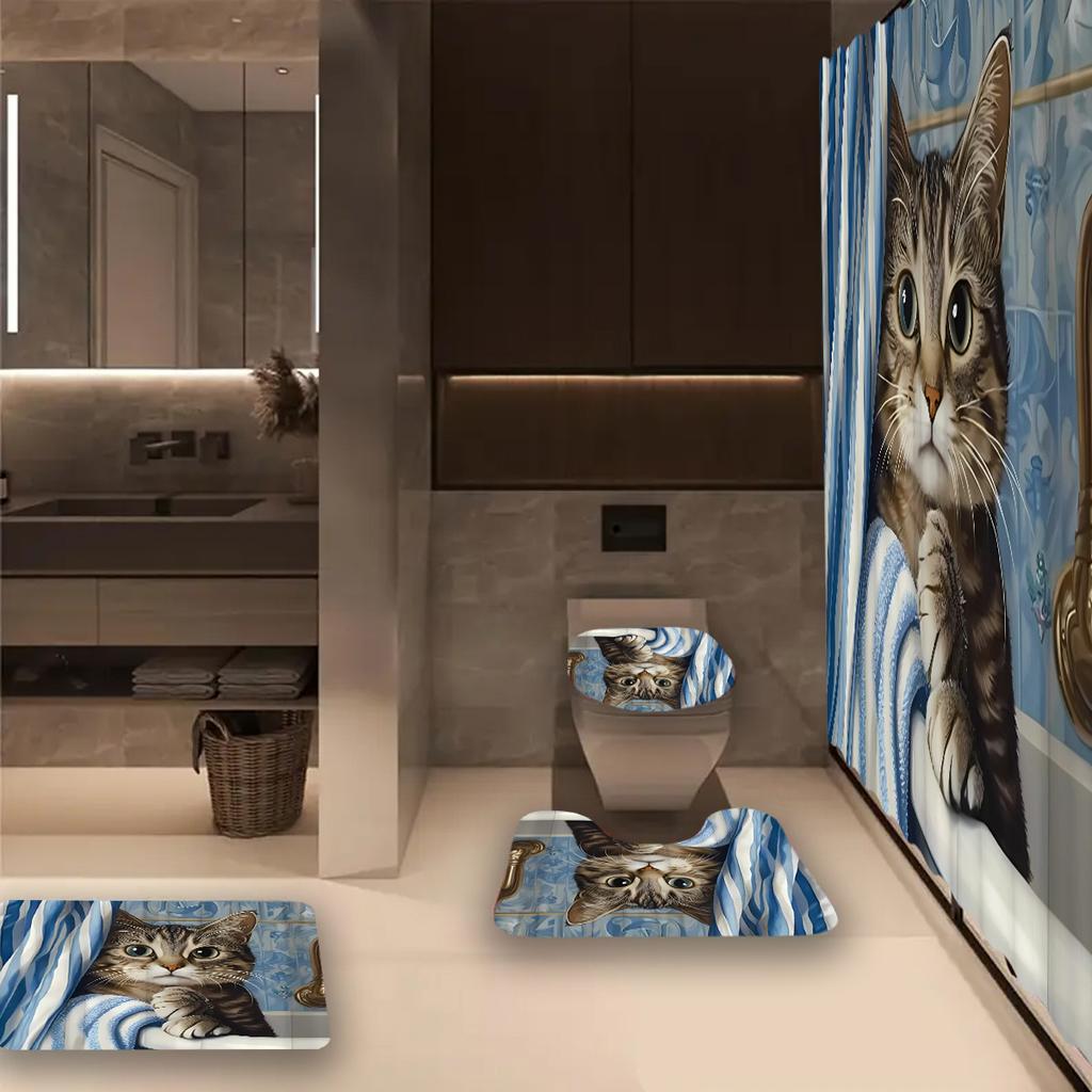 1/4 buc. Set Perdea de Duș Impermeabilă cu Model Pisică Drăguță de Lux Set Decorativ pentru Baie Covor Antiderapant Husă pentru Toaletă Covoraș de Baie și 12 Cârlige