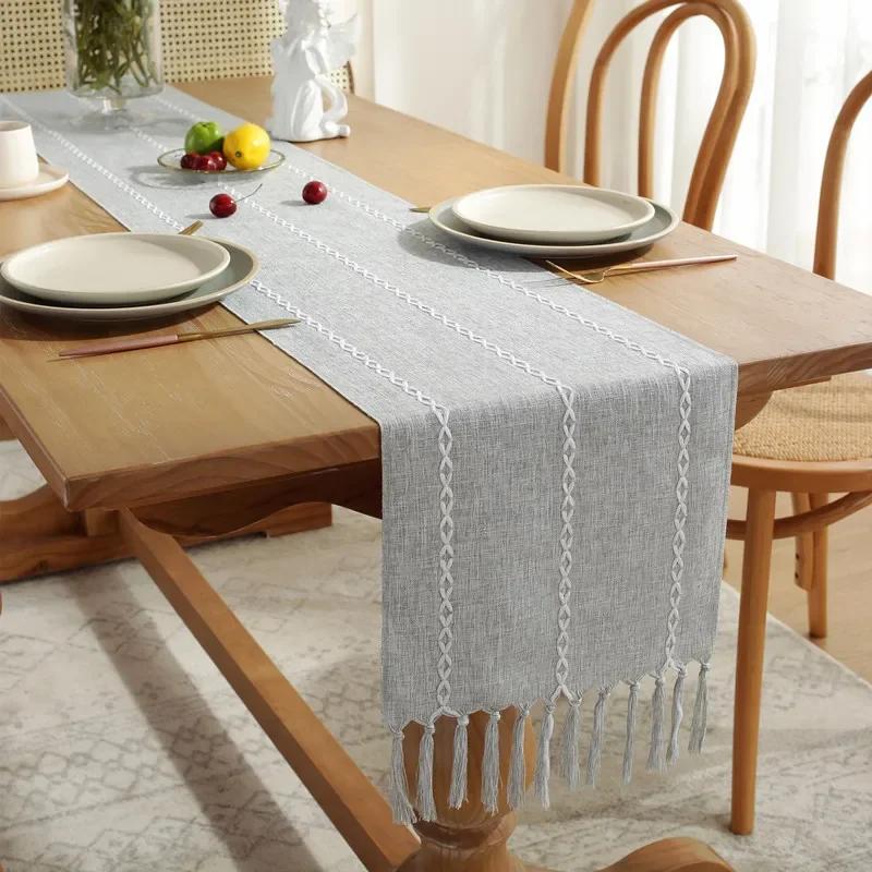 1Pc Linen Tassel Table Runner Rustic Farmhouse Style Tablecloth For Baby Shower Birthday Party Decoration Wedding Table Supplies
