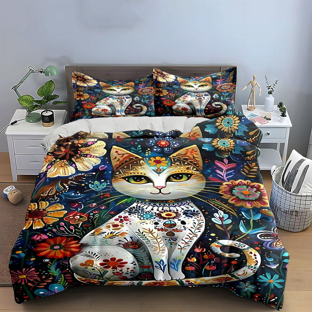 Decorative cat and flowers. Bedding sets Duvet cover sets Duvet covers Pillowcases(1 * Duvet Cover 2 * Pillowcases without duvet insert)