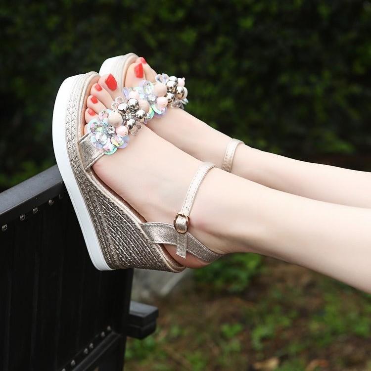 Bohemian Style Large Size Sandals Women's 2025 Summer New Rhinestone Flower Wedge Heel Fish Mouth Sandals