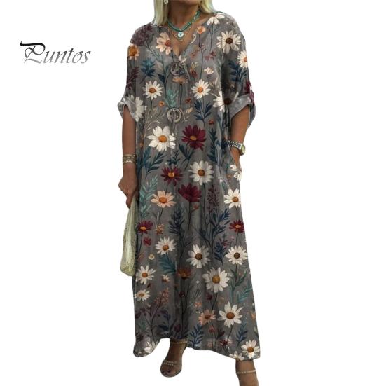 Herbst Sommer Damen Kleid Blumendruck Locker Neunte Ärmel mit Manschettenknöpfen V-Ausschnitt Seitentaschen Täglich Langes Kleid Lässiges Maxikleid