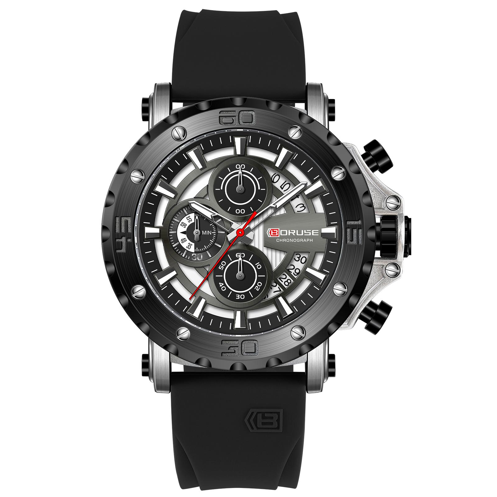 

BORUSE Чоловічий військовий годинник Чоловічий кварцовий годинник Силіконовий ремінець Спортивний годинник, що світиться в темряві Аналоговий годинник з календарем Годинник з хронографом Водонепроникний чорний