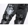 Slim Stretch Black Distressed Daily Printed Graffiti Trendy Youth Denim Jeans 3389