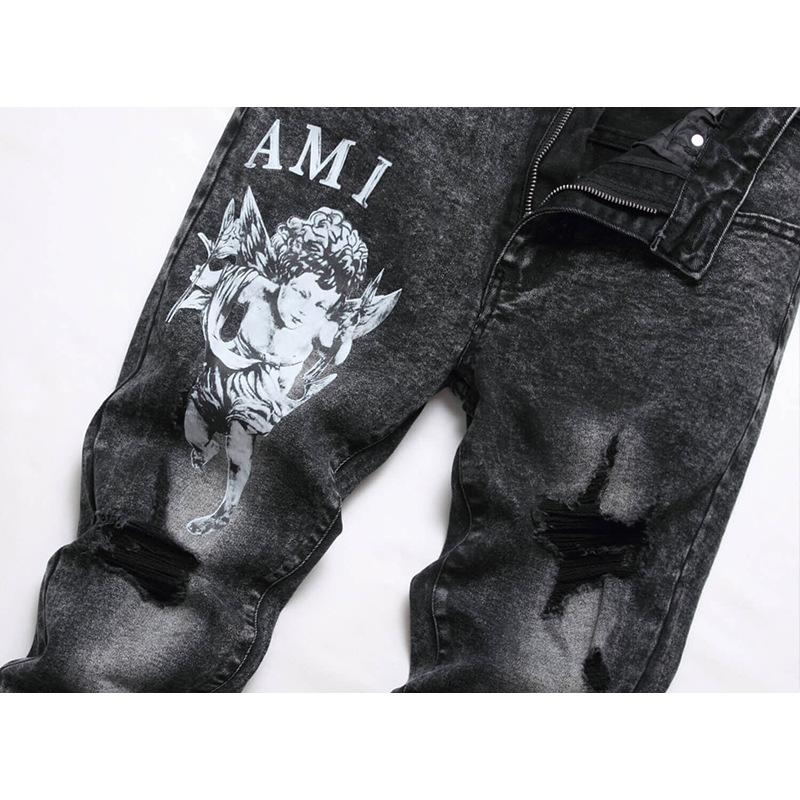 Slim Stretch Black Distressed Daily Printed Graffiti Trendy Youth Denim Jeans 3389