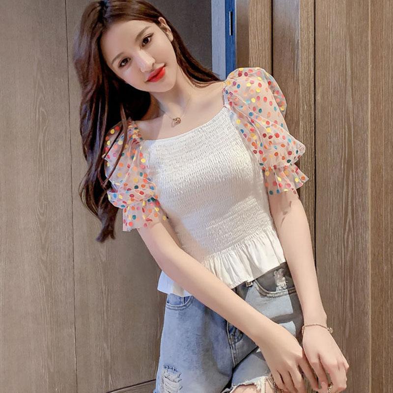Polka Dot Puff Sleeve Women Blouse Elastic Waist Slim Cropped Top Square Neck Short Sleeve Sweet Fairy Style Office Lady Summer