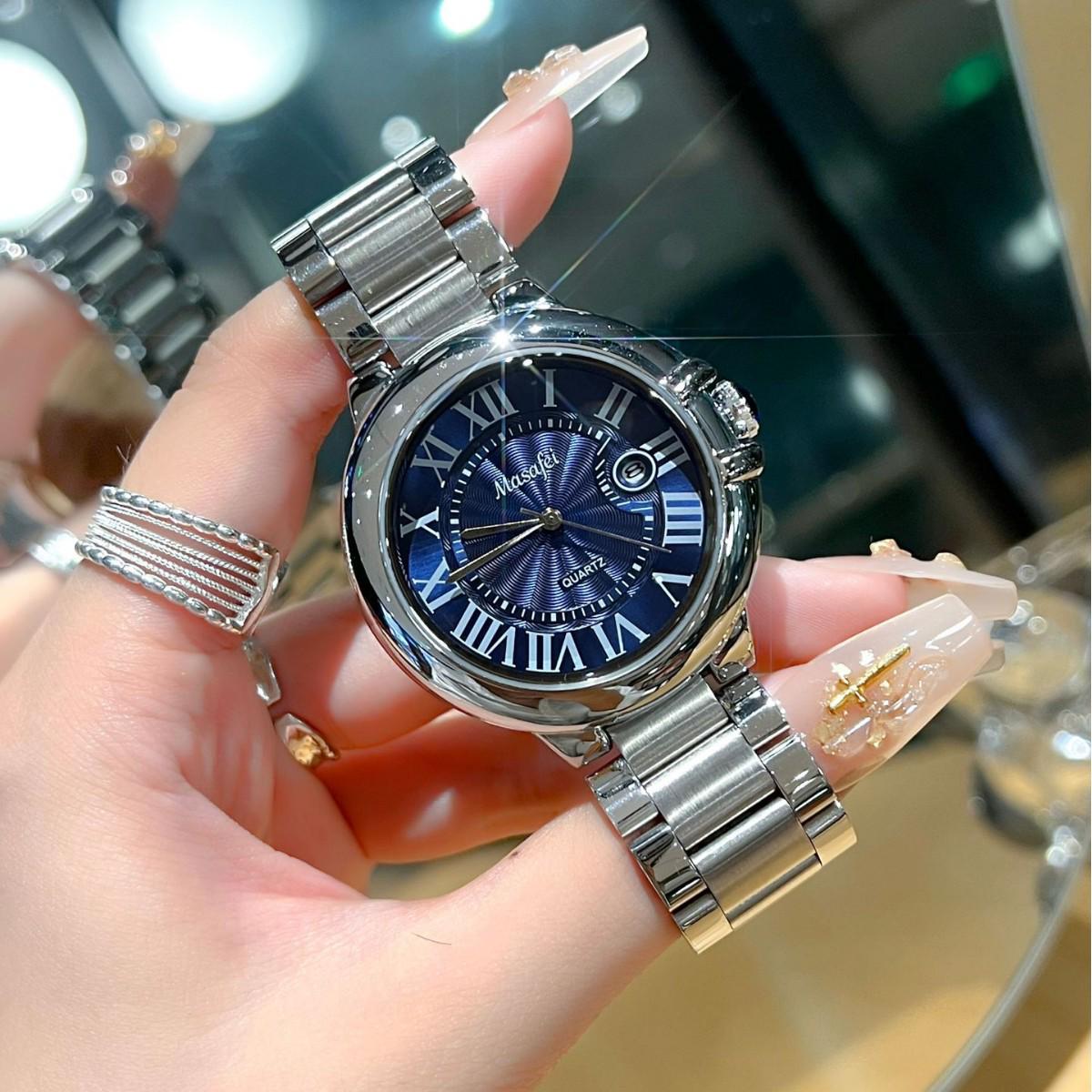 

Мужские классические римские календарные водонепроницаемые кварцевые часы со стальным браслетом