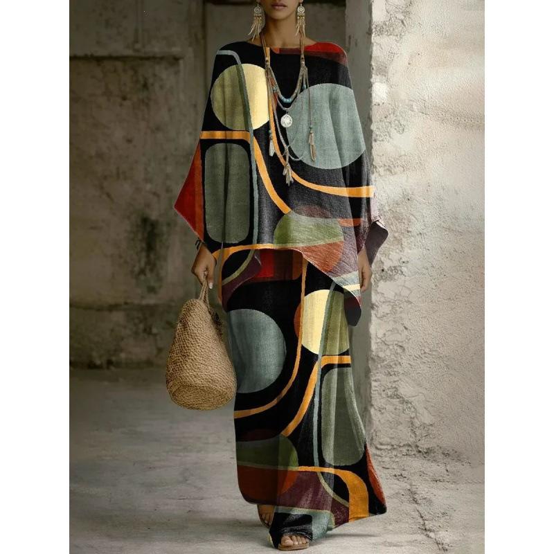 European and American retro bohemian suit exotic 1D printed loose top wide-leg pants temperament casual two-piece set