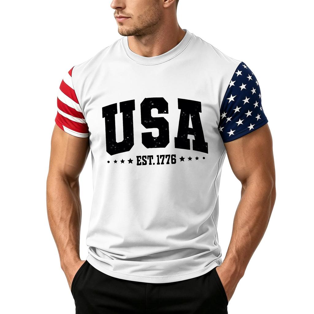 Men's Independence Day Flag Print Short Sleeve T-Shirt, Loose Casual Daily Summer Tops
