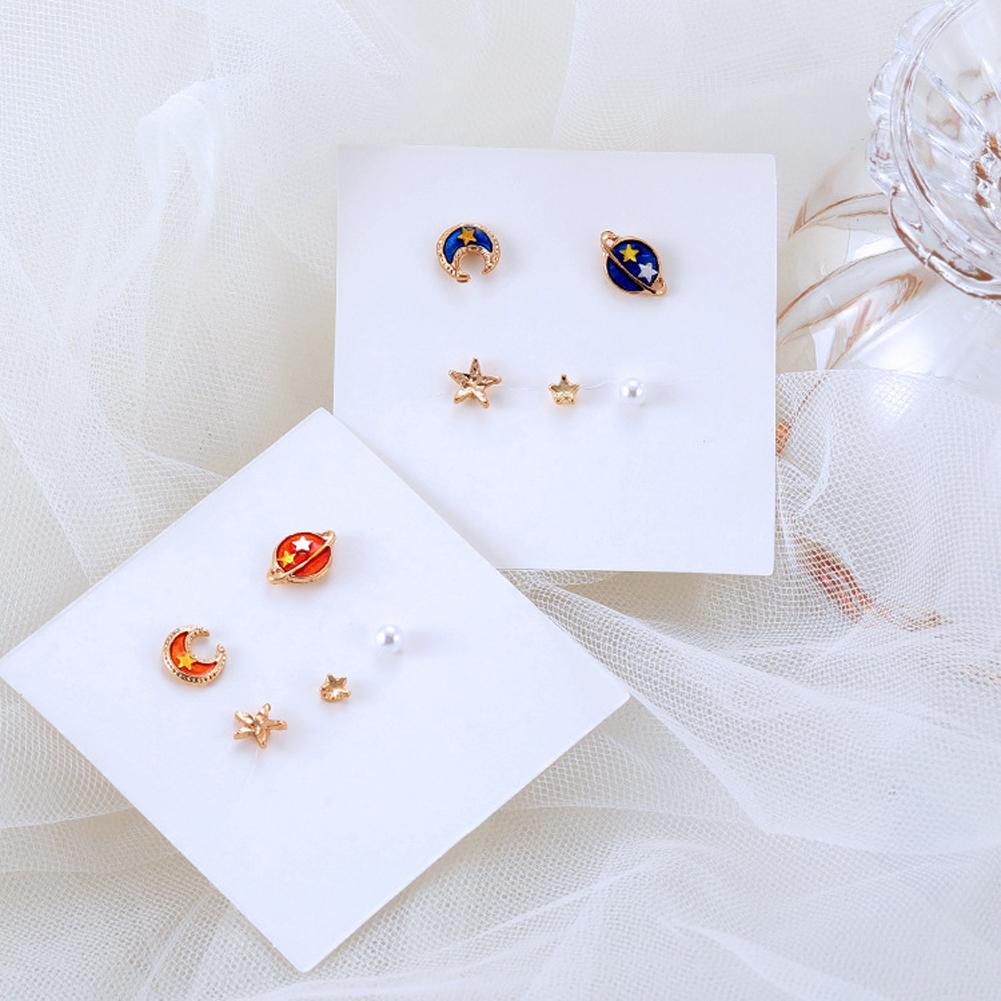 5 Piece Set Fashionable Simple Planet Moon Star Pearl Asymmetric Ear Studs
