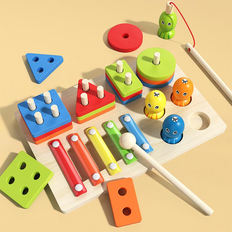 Montessori Toddler Color Sorting Toys 3-in-1 Wooden Shape Stacking Game Early Educational Colorful Learning Activity Blocks