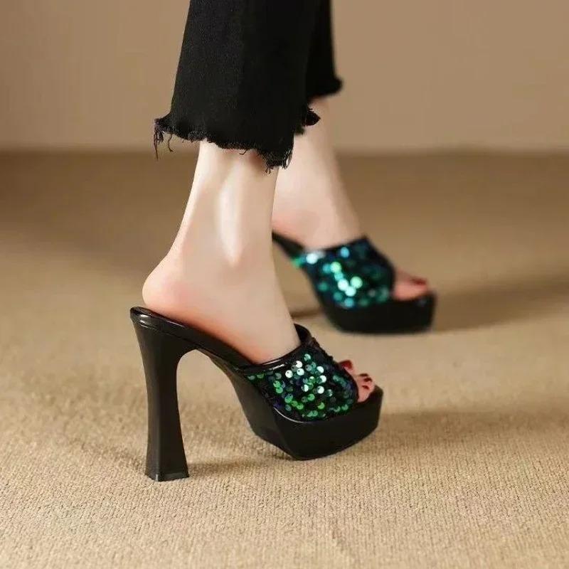 Transparent Platform Crystal Sandals 2025 Summer New Sequin Women Shoes Mules Peep Toe High Heels 11CM Thin High Heeled Slippers