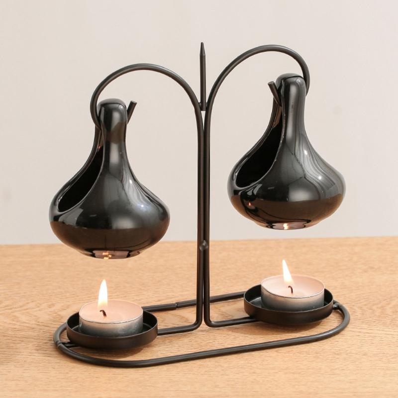 Double Ceramics Pot Hanging Essential Oil Burners Metal Tealight Holder Rack for Bedroom and Living Room Table Decors