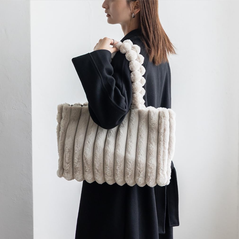 VITAFELICE Damen Ballgriff Pelz-Tote-Bag, Größe M (nsb-30384z) (Elfenbein)
