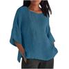 Seven Quarter Sleeve Pleated Round Neck Top Cotton and Linen Women’s Blouses & Shirts