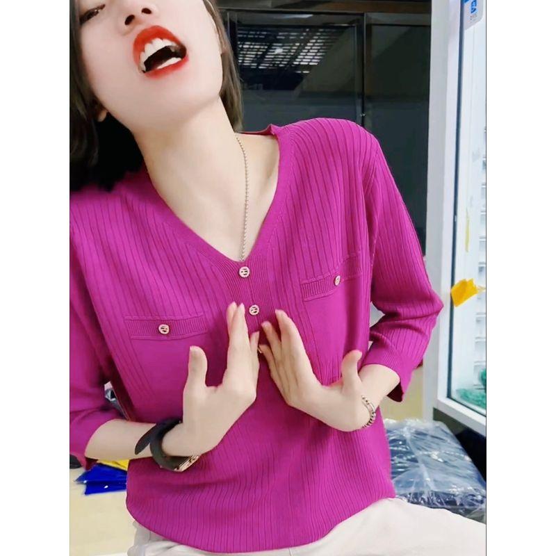 

Summer Qu Zhu Ice Silk Middle-Aged Ladieswear 3/4 Sleeve Knitwear Female Loose Thin Mid Sleeve T-shirt V-neck Small Shirt Top Rose (short sleeve) One size