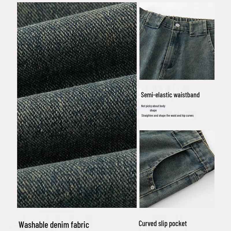 VUUG Men's American Retro Curved Wide-Leg Jeans