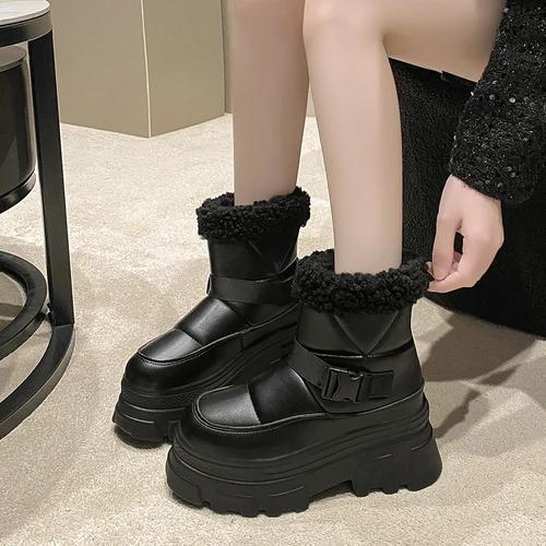 fashion Winter Women's Snow Boots 8CM Chunky Leather Sneakers Waterproof Warm Plush Mid-calf Boots Outdoor Anti-skid Fur Inside Shoes