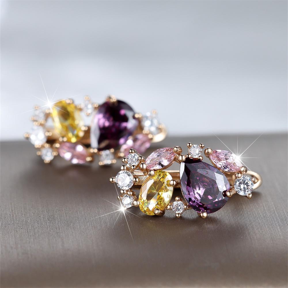 Multicolor Water Drop Stone Purple Crystal Hoop Earrings For Women Vintage Gold Color Ear Buckle Wedding Jewelry Engagement Gift