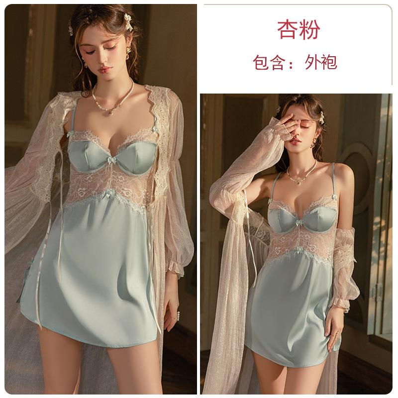 Women's Satin Lace Sheer Low Cut Push Up Padded Sleep Dress with Robe Lounge Set