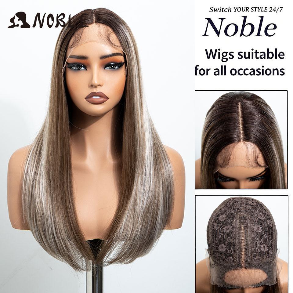 Edel Synthetisch Kant Voorkant Pruik Recht Babyhaar Bob Pruik Synthetische Kant Pruik 22 Inch Donkere Wortel Platina Blond Pruiken Voor Vrouwen 150%&22inches&Lace Front
