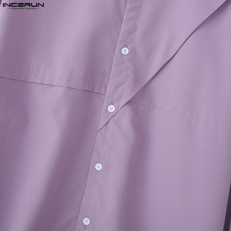 INCERUN Oversized Men Lapel Neck Long Sleeve Casual Loose Short Shirts Tops