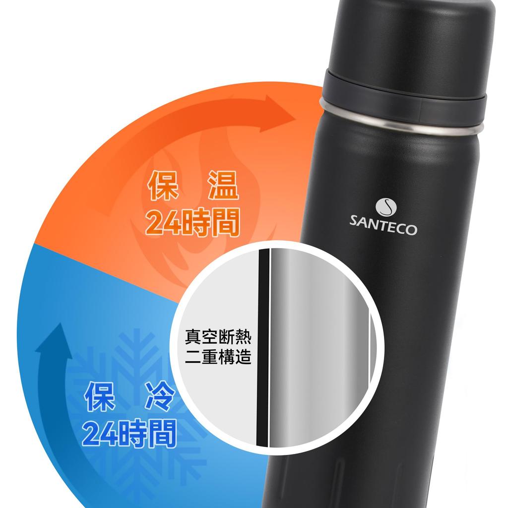 SANTECO Water Vacuum 1 Thermos with Stainless Steel 2 Cup Thermal Cold Large Compatible with Sports KOLIMA Black Bottle, Insulated, Liter, Cup,