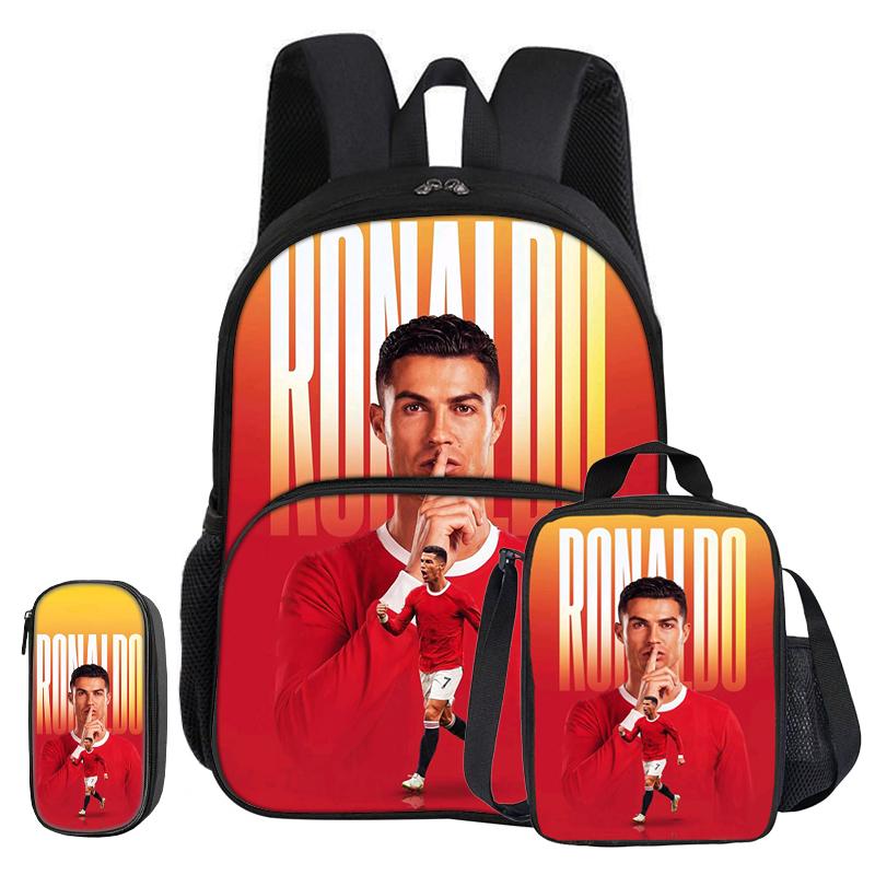 Ronaldo 3 Pcs Set with Front Pocket Backpack Football Sport with Thermal Insulated Lunch Tote Purse CR Football Star Pencil Case
