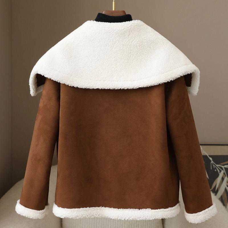 Autumn Women Casual Warm Faux Shearling Coat Large Lapel Motorcycle Jacket