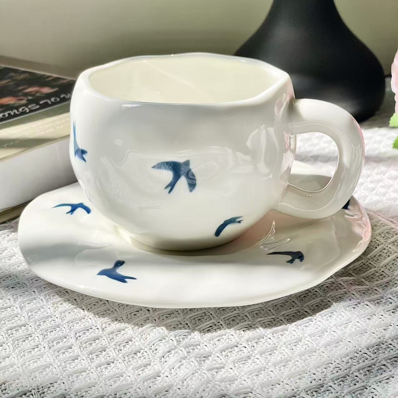 

Синяя ласточка неровная керамическая кружка кофейная чашка блюдце милая для завтрака молока воды 300ML