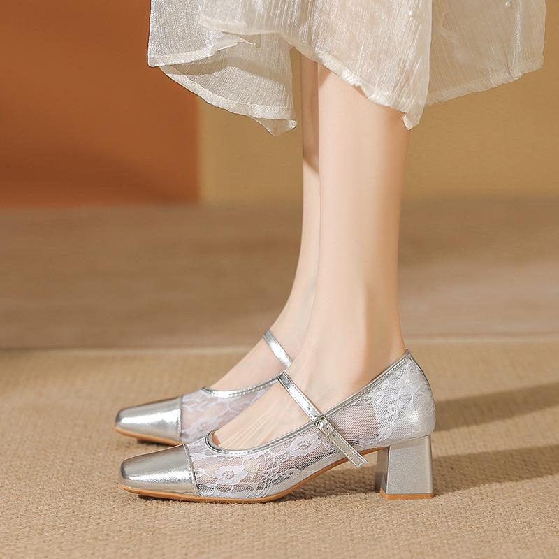 Silver sheepskin single shoes women's summer mesh breathable new style thick heel light mouth Mary Jane women's shoes