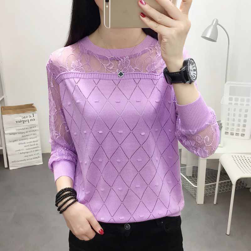 

Женская футболка с круглым вырезом и кружевным подшерстком из ледяного шелка с длинными рукавами, свободная универсальная тонкая вязаная рубашка, топ M фиолетовый