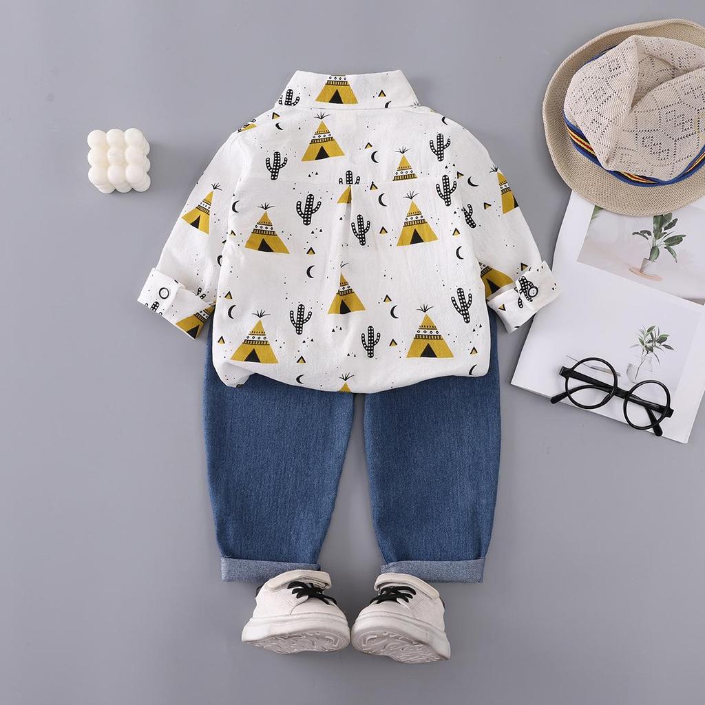 Boys' Cactus Print Long Sleeve Top & Casual Jeans Two-Piece Set