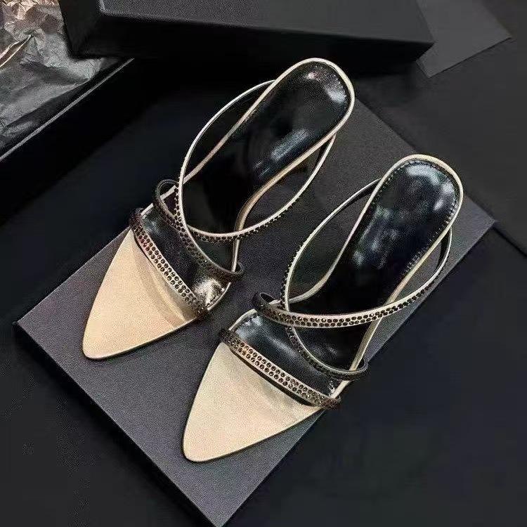 Brown Satin Rhinestone Pointed-Toe High Heel Sandals - Women's Mature Summer Style