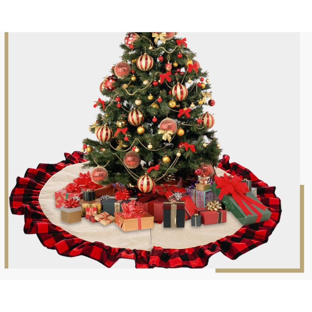 Burlap Fall Tree Skirt with  Buffalo Plaid Ruffle Border Large Christmas Tree Mat 48 Inches for Halloween Fall Christmas Black White Decorations